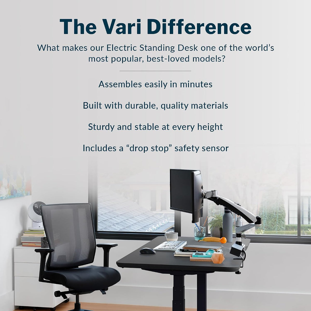 Vari Classic Electric Standing Desk - VariDesk Height Adjustable Sit/Stand Desk - Dual Motor with Memory Presets, Stable T-Style Legs - Gaming or Home Office Workstation - 60'x30', Black/Black