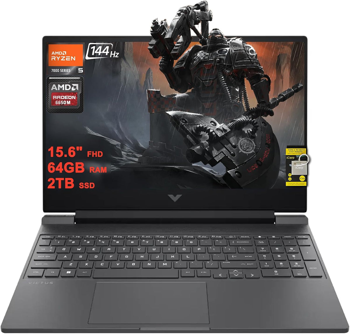 HP Victus 15 Gaming Laptop 15.6' FHD IPS 144Hz (AMD FreeSync Premium) AMD 6-core Ryzen 5 7535HS 64GB RAM 2TB SSD Radeon RX 6550M (>RTX3050) Backlit USB-C Fast Charging Win11 ICP Hub