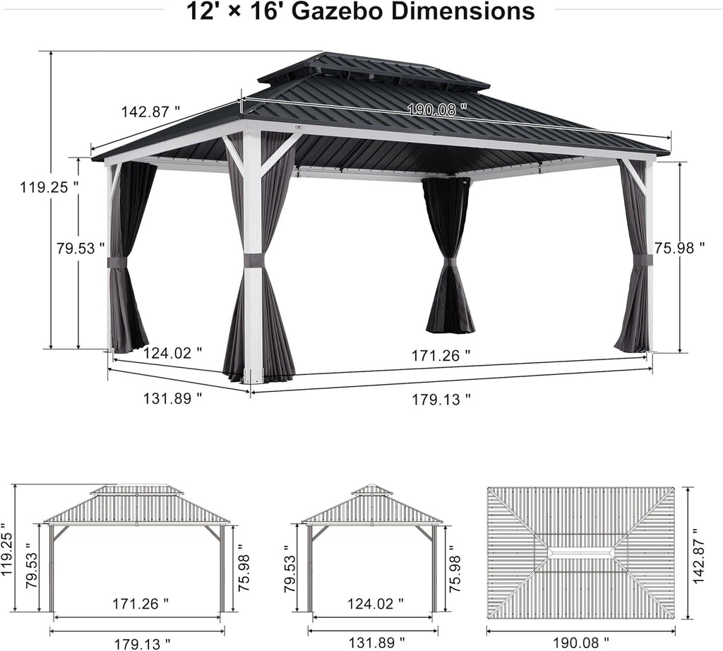 PURPLE LEAF 12' X 16' Hardtop Gazebo Metal Double Roof White Aluminum Frame Outdoor Heavy Duty Gazebo with Curtain and Netting for Patio Garden and Backyard, Grey