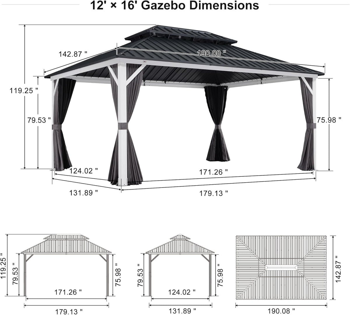 PURPLE LEAF 12' X 16' Hardtop Gazebo Metal Double Roof White Aluminum Frame Outdoor Heavy Duty Gazebo with Curtain and Netting for Patio Garden and Backyard, Grey