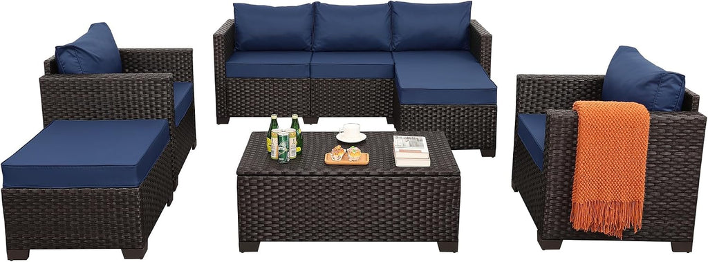 Rattan Star 6 Pieces Patio Outdoor Furniture Conversation Sets Patio Wicker Sofa Set with Outdoor Couch Patio Chairs and Storage Table Non-Slip Cushions Waterproof Covers, Navy Blue