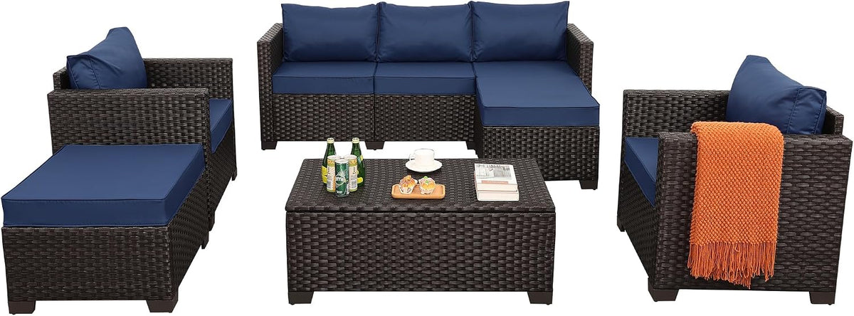 Rattan Star 6 Pieces Patio Outdoor Furniture Conversation Sets Patio Wicker Sofa Set with Outdoor Couch Patio Chairs and Storage Table Non-Slip Cushions Waterproof Covers, Navy Blue