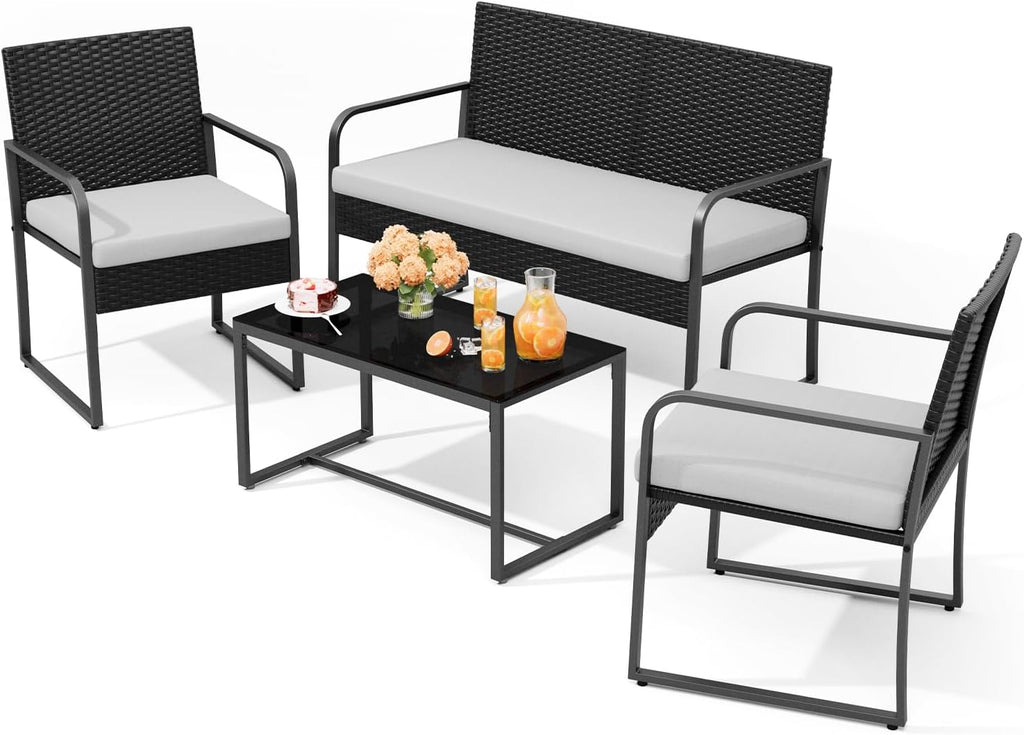 Gizoon 4 Piece Patio Furniture Set, Wicker Furniture with Glass Coffee Table, Outdoor Rattan Conversation Set, for Backyard, Poolside, Porch, Lawn, Cushion-Grey