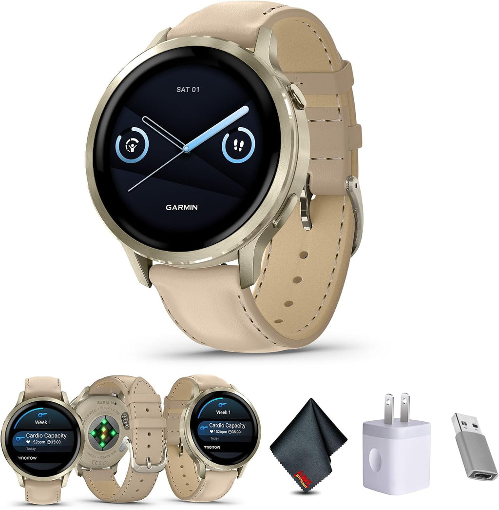 Garmin Venu 4, 41mm, Advanced Fitness Tracker GPS Smartwatch, 1.2' AMOLED Display, Built-in Flashlight, 10 Days of Battery Life, Lunar Gold with Light Sand Leather Band (Bundle)
