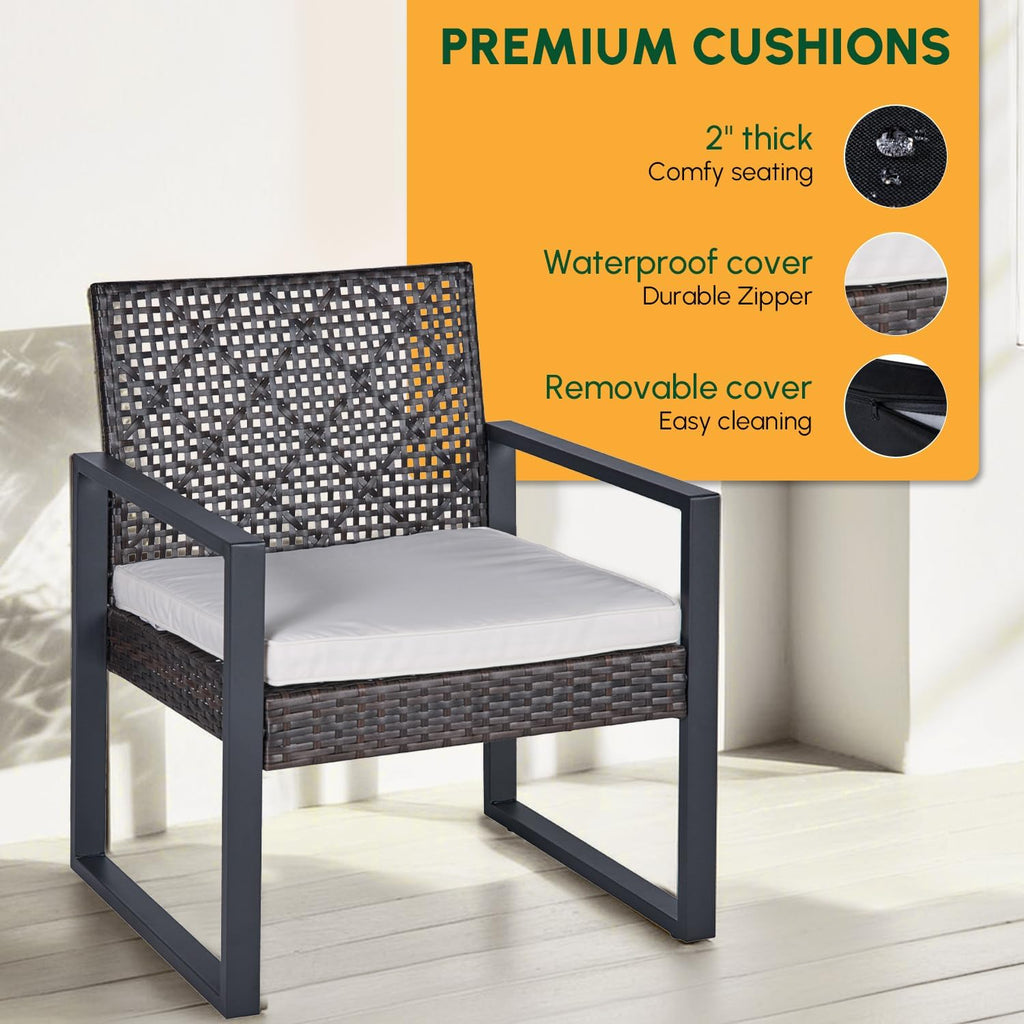 BEEFURNI Wicker Patio Furniture Outdoor Conversation Set of 4, Rattan Outdoor Furniture Set, Acacia Wood Table, 2 Chairs, 1 Loveseat, 2' Cushions, All Weather Set for Patio, Porch, Balcony (Black)