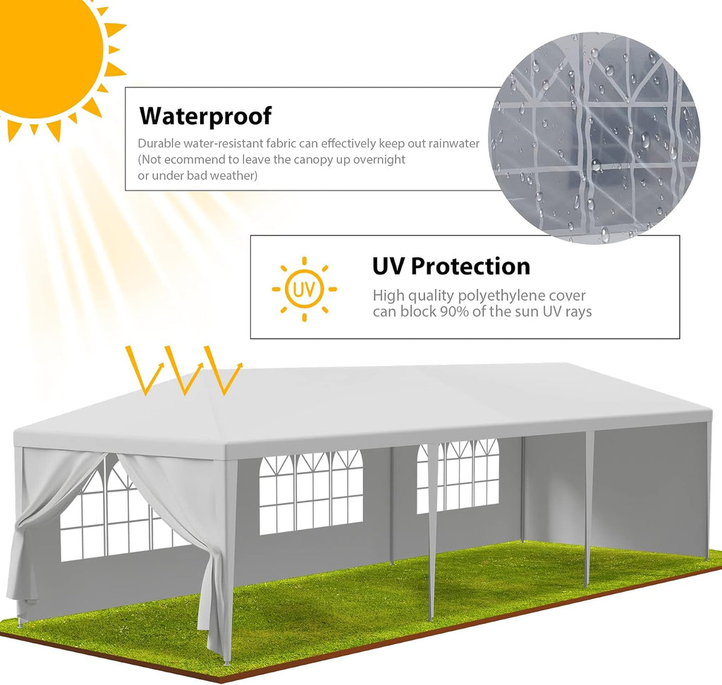 10' x 30' Outdoor Waterproof Gazebo Canopy Tent with Removable Sidewalls and Windows Heavy Duty Tent for Party Wedding Events Beach BBQ, White