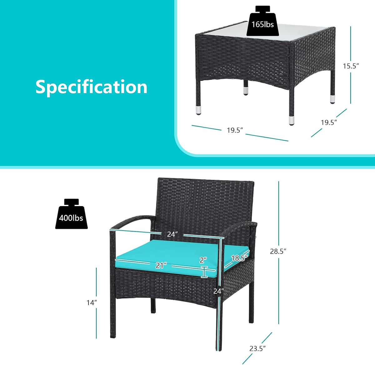 RELAX4LIFE 3-Piece Patio Furniture Set - Rattan Conversation Set, Wicker Bistro Set w/2 Chairs, Glass Coffee Table, Steel Frame, Outdoor Chairs Set for Yard Balcony, Front Porch Furniture (Turquoise)