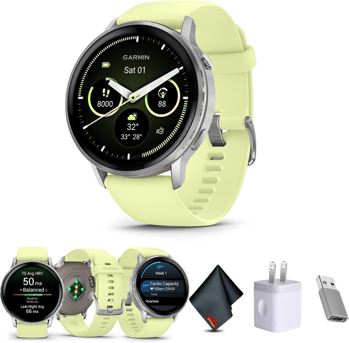 Garmin Venu 4, 45mm, Advanced Fitness Tracker GPS Smartwatch, 1.4' AMOLED Display, Built-in Flashlight, 12 Days of Battery Life, Silver with Citron Silicone Band (Watch Bundle)