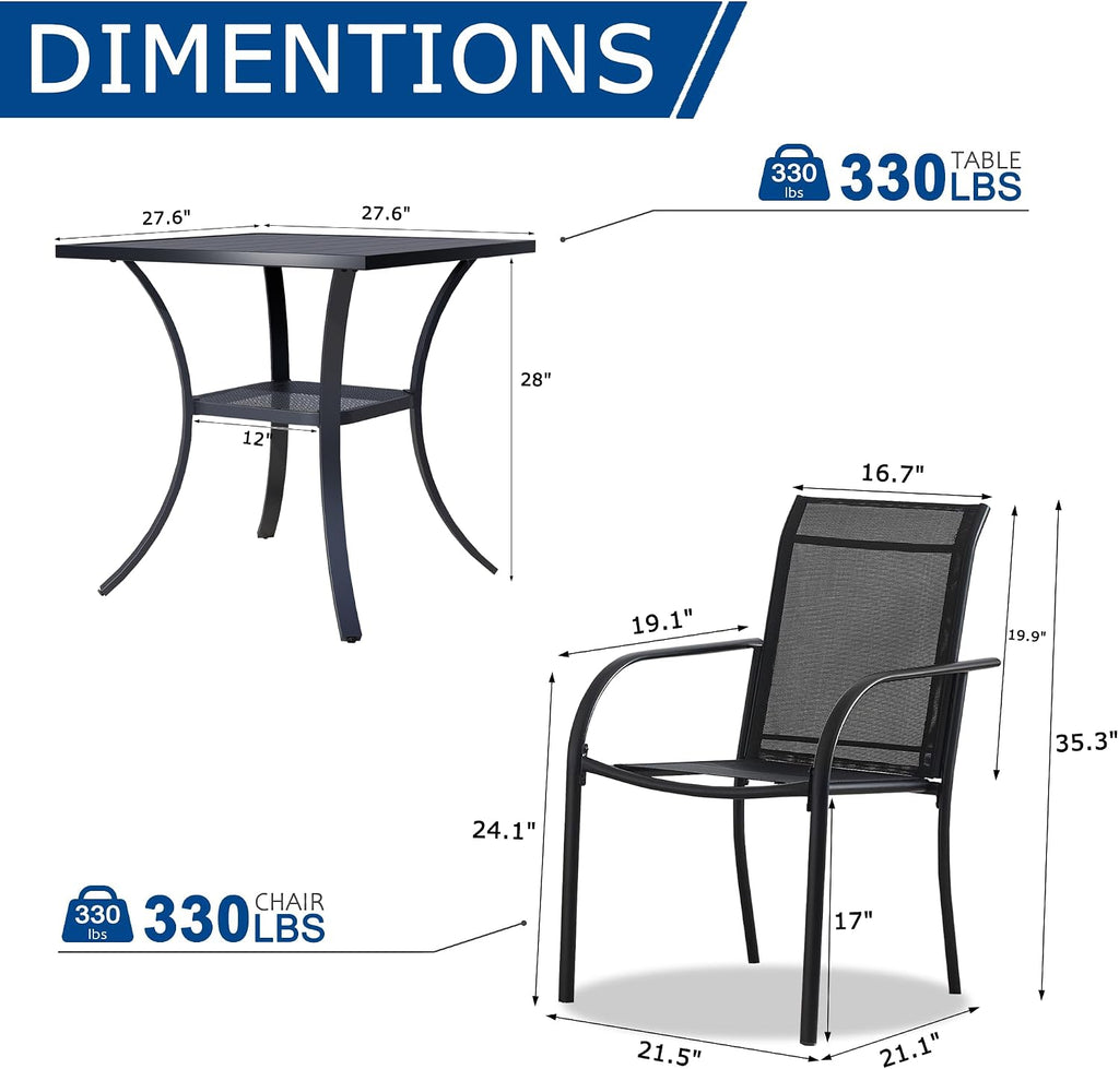 3 Piece Outdoor Dining Set, Patio Table and Chairs Set of 2, 27.6' Black Square Patio Table with 2 Black Stackable Patio Chairs for Lawn, Garden, Porch