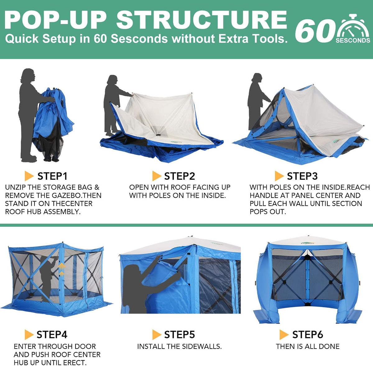 COBIZI 10x10 FT Pop up Gazebo, Popup Canopy Tent,Screened in Gazebos with sidewalls, Waterproof Portable Outdoor Small Screen Tents Sun Shelter,carpas para Patio for Camping, Garden and Backyard,Blue