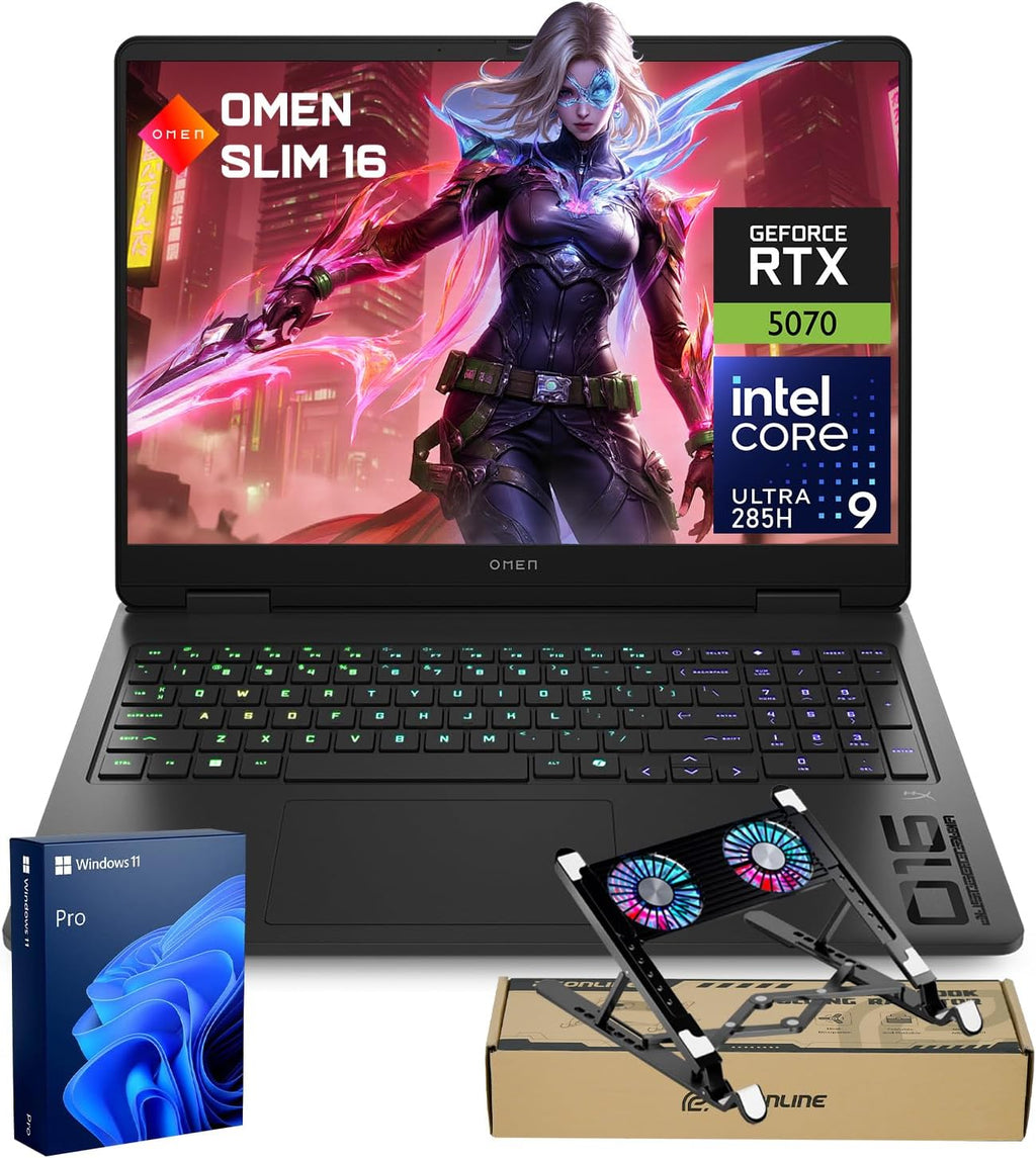 HP OMEN 16 Slim RTX 5070 Gaming Laptop, Intel Ultra 9 285H, NVIDIA RTX 5070, HyperX Audio, 16' FHD+ Anti-Glare, 64GB DDR5, 2TB SSD, 4-Zone RGB Backlit KB, Windows 11 Pro, Bundle Laptop Cooler
