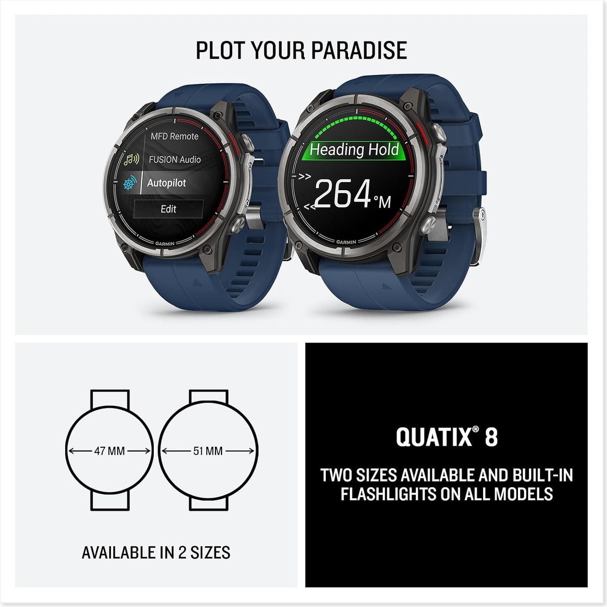 Garmin® quatix® 8, 47 mm, Marine GPS Smartwatch, Bright AMOLED Display, Chartplotter Controls, Built-in Flashlight, 24/7 Health & Wellness Features