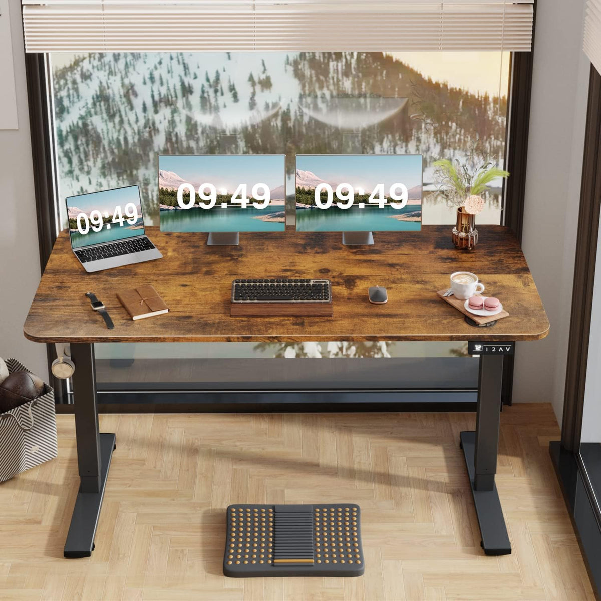 Furmax Electric Height Adjustable Standing Desk Large 55 x 24 Inches Sit Stand up Desk Home Office Computer Desk Memory Preset with T-Shaped Metal Bracke, Brown