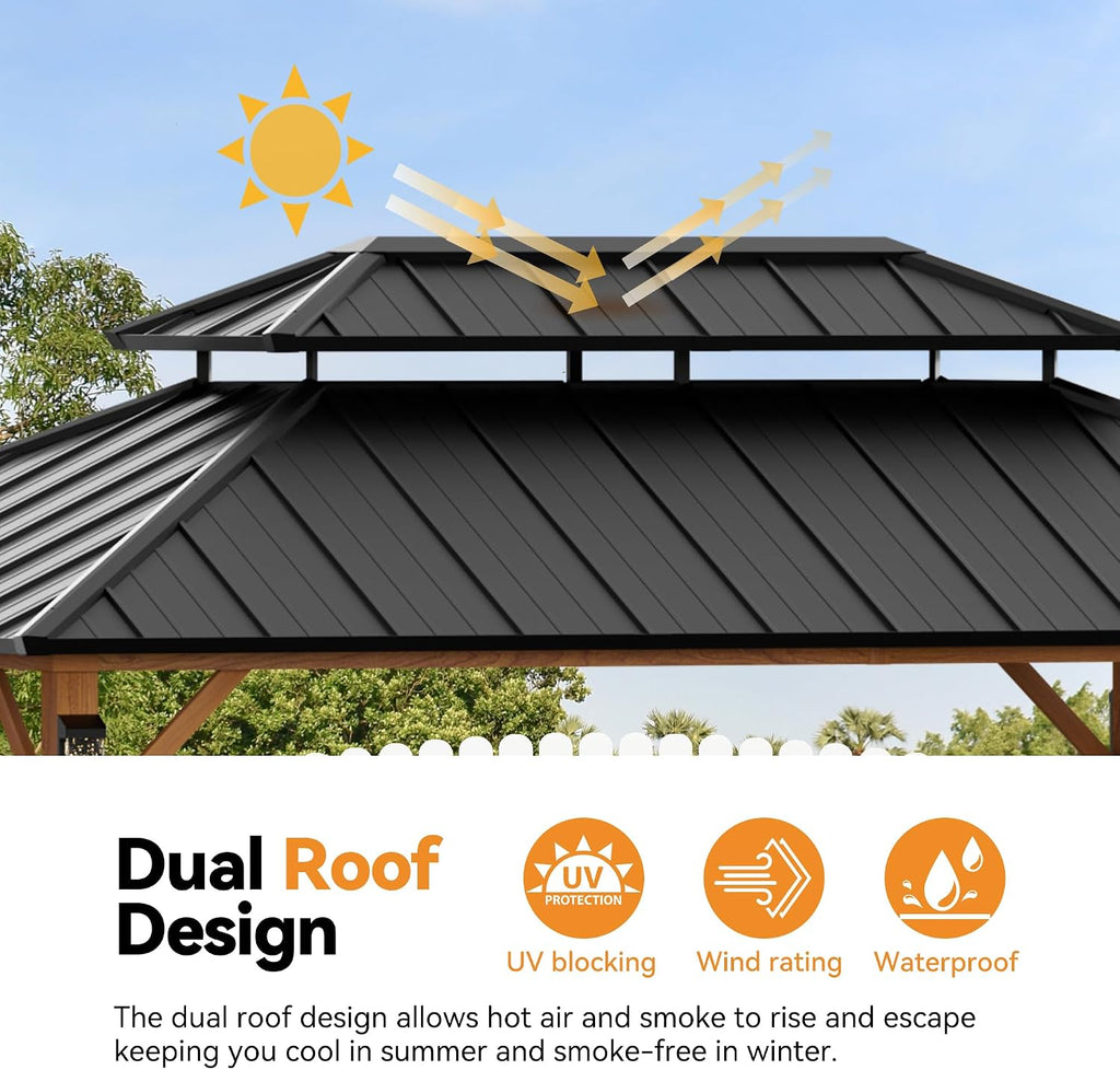 Modern Shade The Horizon Hard Top Gazebo 10' x 14' with 4 LED Lights, Permanent Hardtop Gazebo with Galvanized Steel Double Roof, Metal Gazebo with Decor Hooks, Mosquito Nettings for Patio, Wood Grain