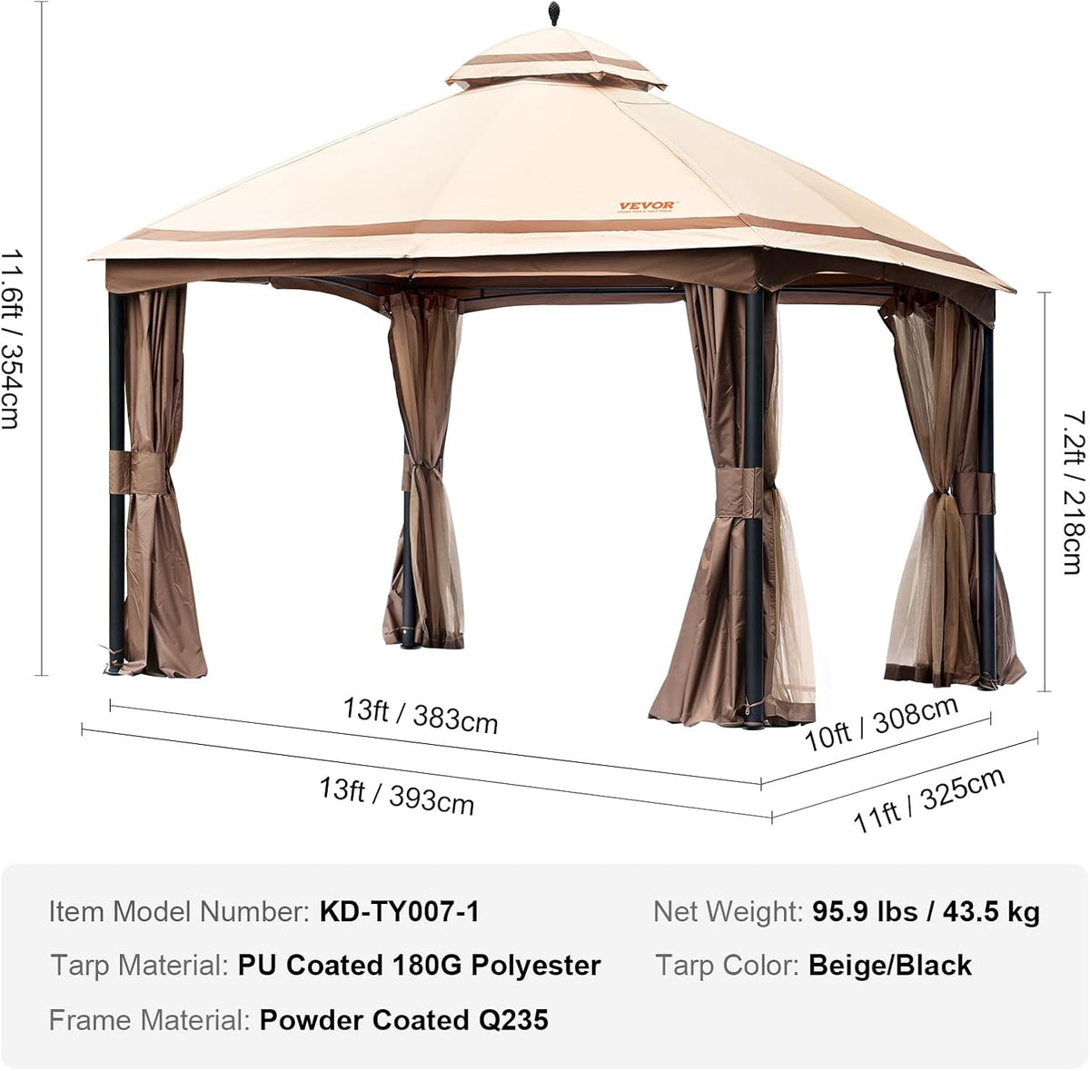 VEVOR Patio Gazebo for 10-12 Person, 10 x 13 FT Backyard Gazebo, with Mosquito Netting, Metal Frame, and PU Coated 180G Polyester, Outdoor Canopy Shelter for Patio, Backyard, Lawn, Garden, Deck