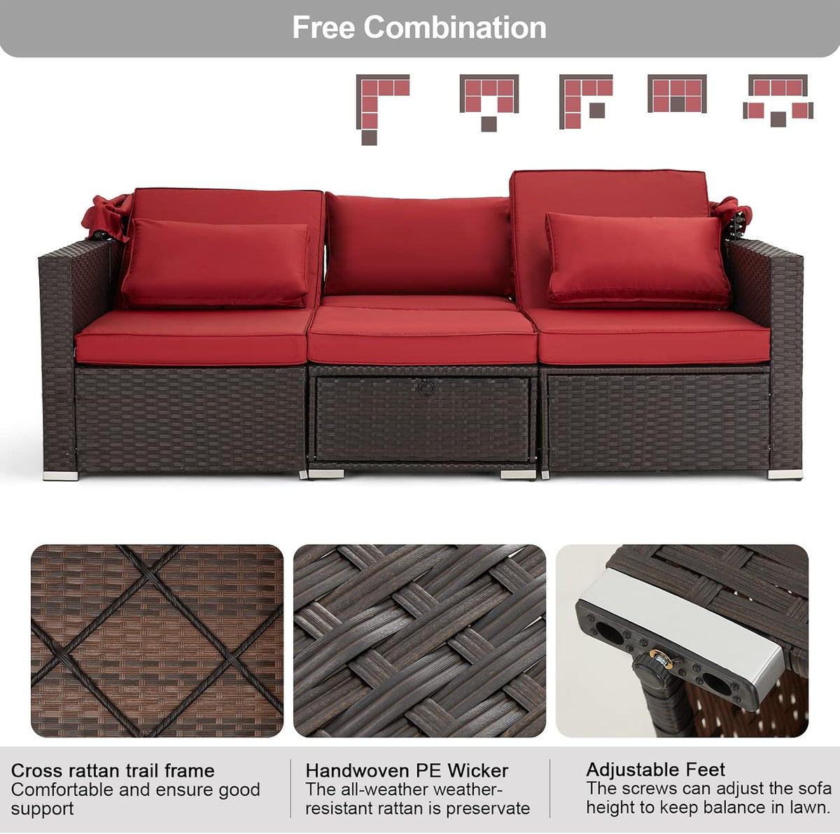 6 Pieces Patio Conversation Sets, Rectangle Wicker Daybed with Canopy, Adjustable Backrest, Storable Tea Table, Outdoor Sunbed for Backyard Garden Poolside(Wine Red)