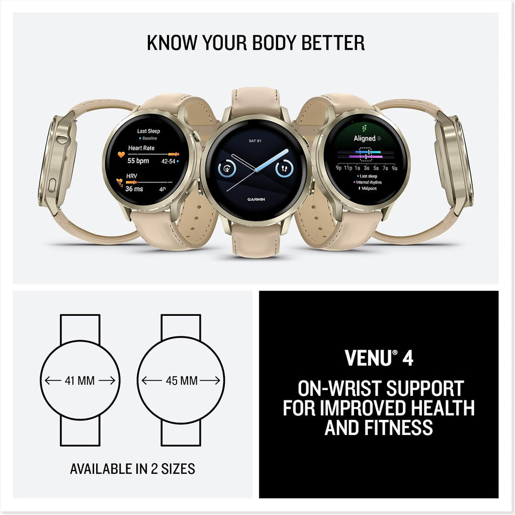 Garmin Venu 4, 41mm, Advanced Fitness Tracker GPS Smartwatch, 1.2' AMOLED Display, Built-in Flashlight, 10 Days of Battery Life, Lunar Gold with Light Sand Leather Band (Bundle)