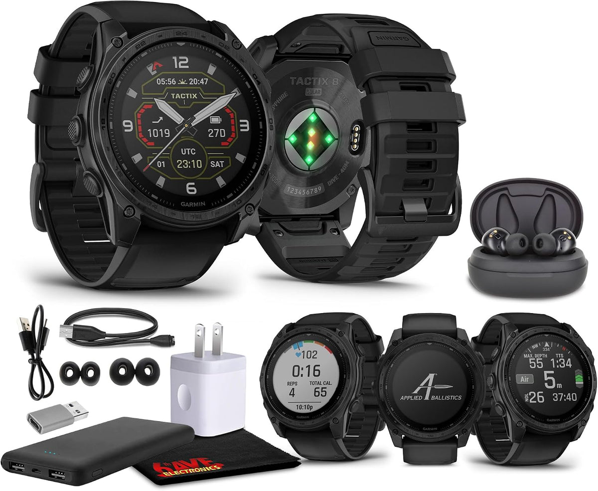 Garmin Tactix 8 51mm Solar Charged Display Smart Watch, Built-in Flashlight, 48 Days Battery Life, Premium Tactical GPS Smartwatch, Applied Ballistics Ultralight Solver Bundle + Earbuds and More