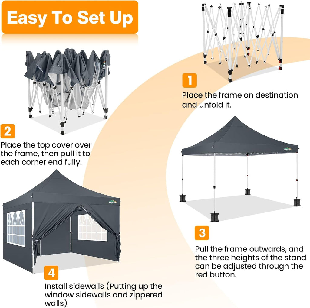 COBIZI 10x10 Pop Up Canopy with 4 Sidewalls, Canopy Tent 10x10 for Parties, Backyard, Commercial, Waterproof and Portable Instant Shelter UV50+ Outdoor Gazebo with 4 Sandbags(Light Gray)
