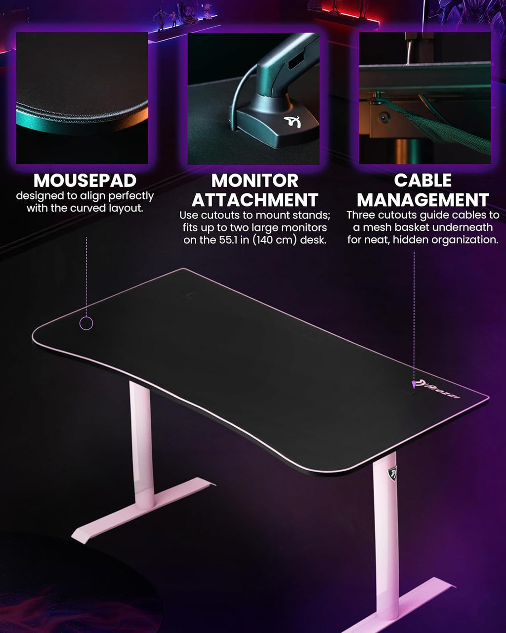 Arozzi Arena Medium Gamer Desk - 55x30' Steel Frame PC Gaming Desk with Storage for Cables & Dual-Monitor Support - Full-Surface Washable Mousepad - Pink