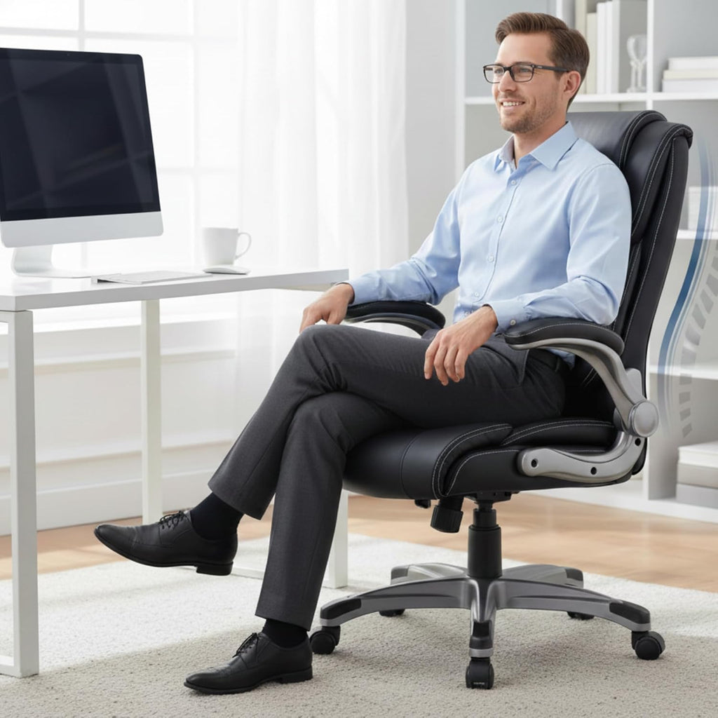 COLAMY Leather Executive Office Chair- High Back Home Computer Desk Chair with Padded Flip-up Arms, Adjustable Tilt Lock, Swivel Rolling Ergonomic Chair for Adult Working Study-Black, Set of 2