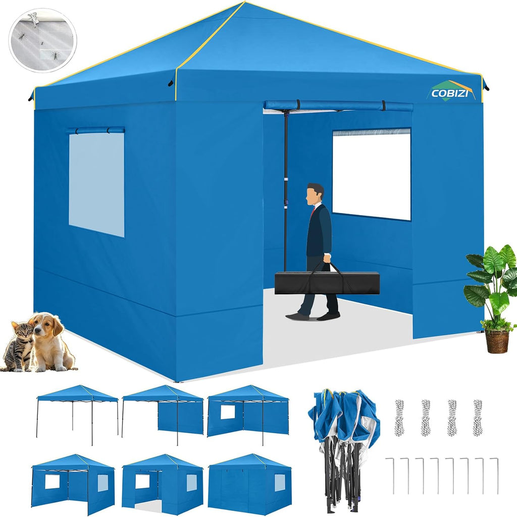Alishebuy 10x10 Pop Up Canopy Tent with 4 Removable Sidewalls 2.0, Waterproof Commercial Instant Gazebo Tent Outdoor Canopy Tents for Party/Exhibition/Picnic with Carry Bag,4 Stakes & Ropes (Blue)