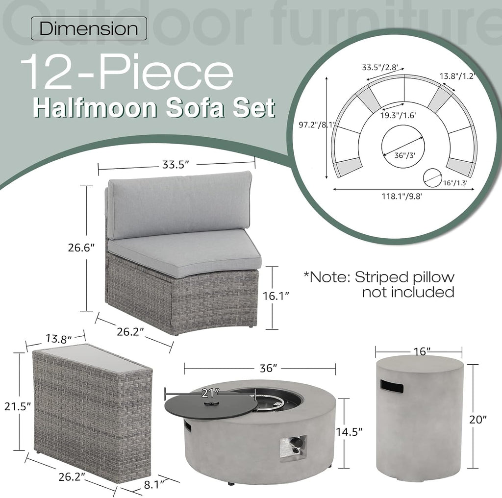 SUNSITT 12 Piece Patio Furniture Set with Propane Fire Pit Half-Moon Patio Set Outdoor Round Sectional Sofa with 36' Grey Gas Fire Table & Tank Holder, Grey Rattan