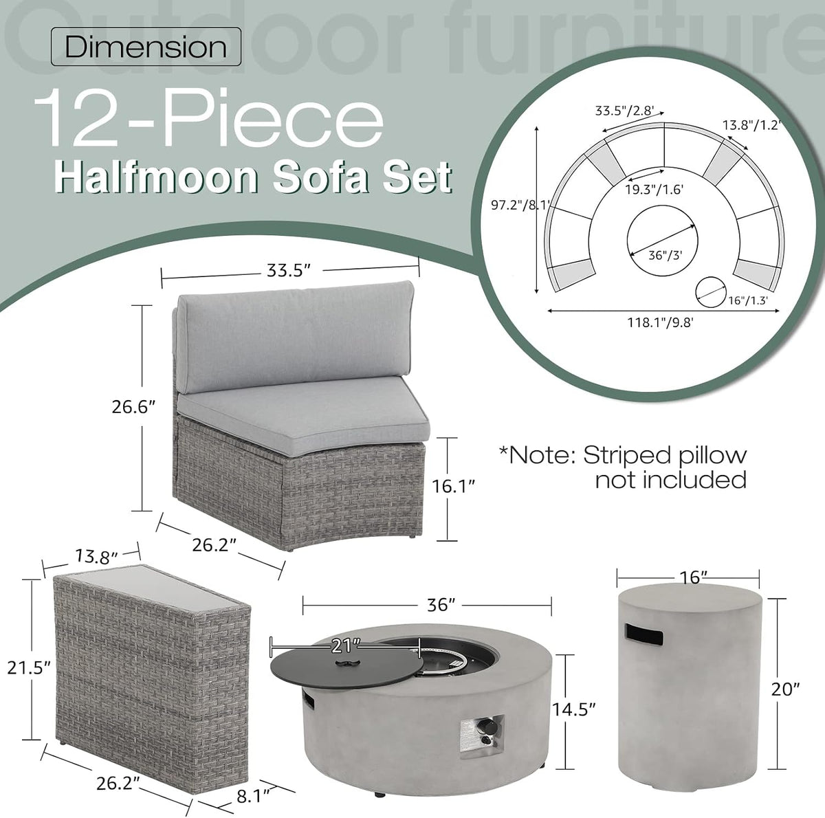 SUNSITT 12 Piece Patio Furniture Set with Propane Fire Pit Half-Moon Patio Set Outdoor Round Sectional Sofa with 36' Grey Gas Fire Table & Tank Holder, Grey Rattan