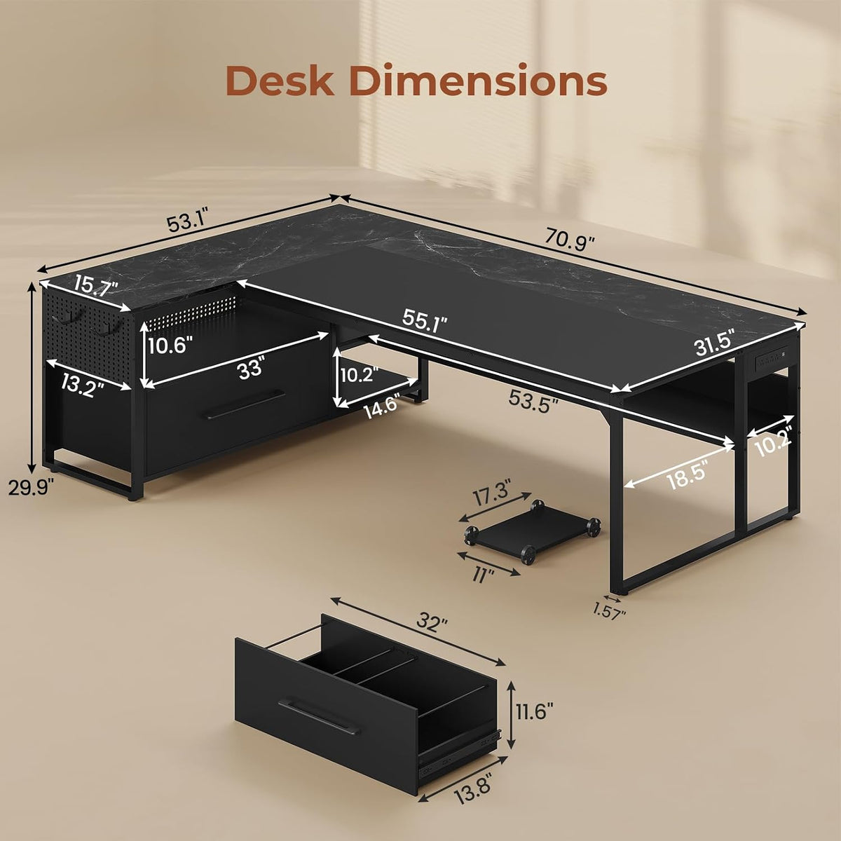 UPOSOJA 71' Executive Desk, Large Office Desk with Widen File Drawers & Power Outlets, Reversible L Shaped Computer Desk Corner Desk with Storage Shelves, CPU Stand, Hooks, Business Furniture (Black)