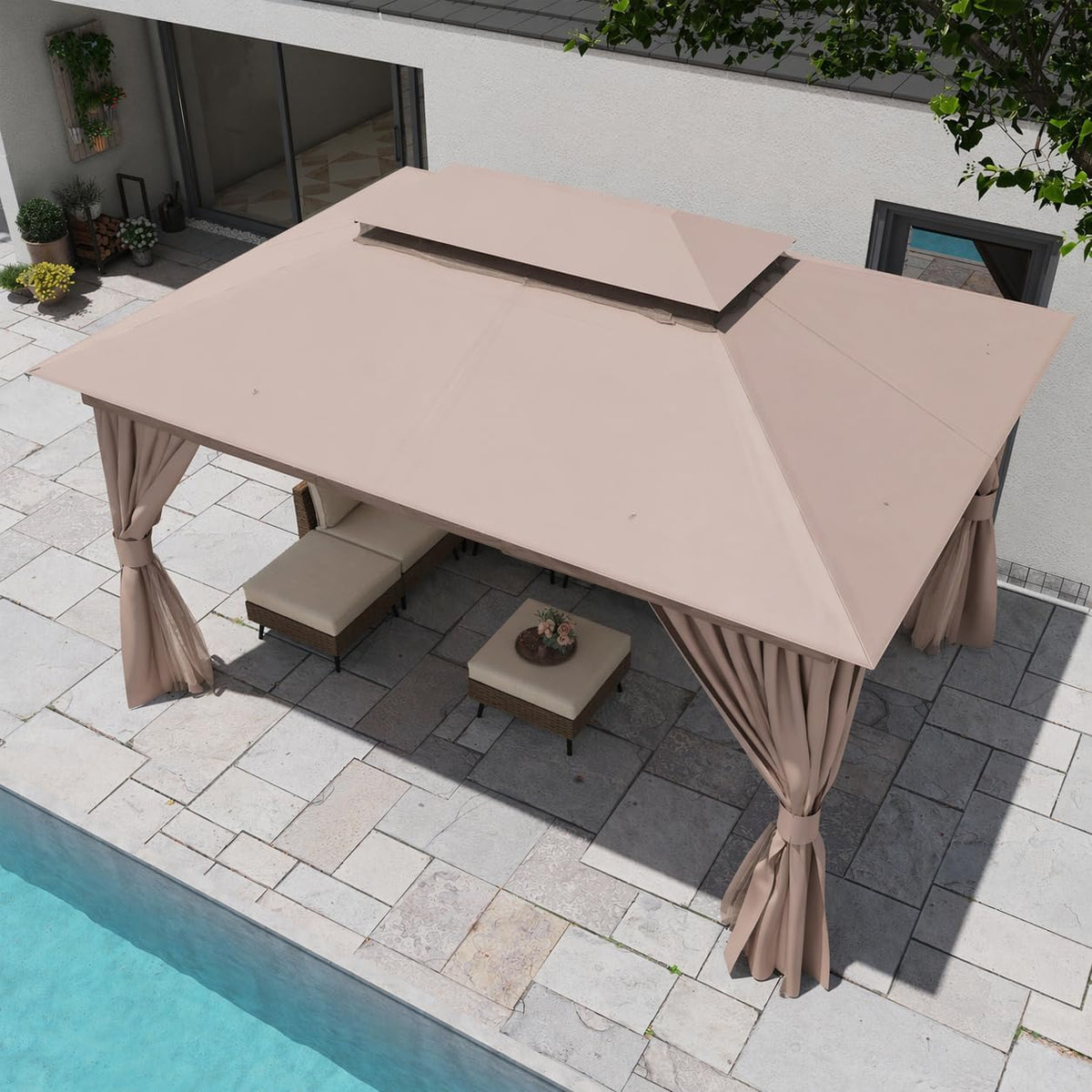 LAUSAINT HOME 10'x13' Outdoor Gazebo, Upgraded Metal Frame Heavy Duty Patio Canopy Tent Shelter with Double Roofs, Mosquito Nettings and Privacy Screens for Backyard, Garden, Lawn, Khaki
