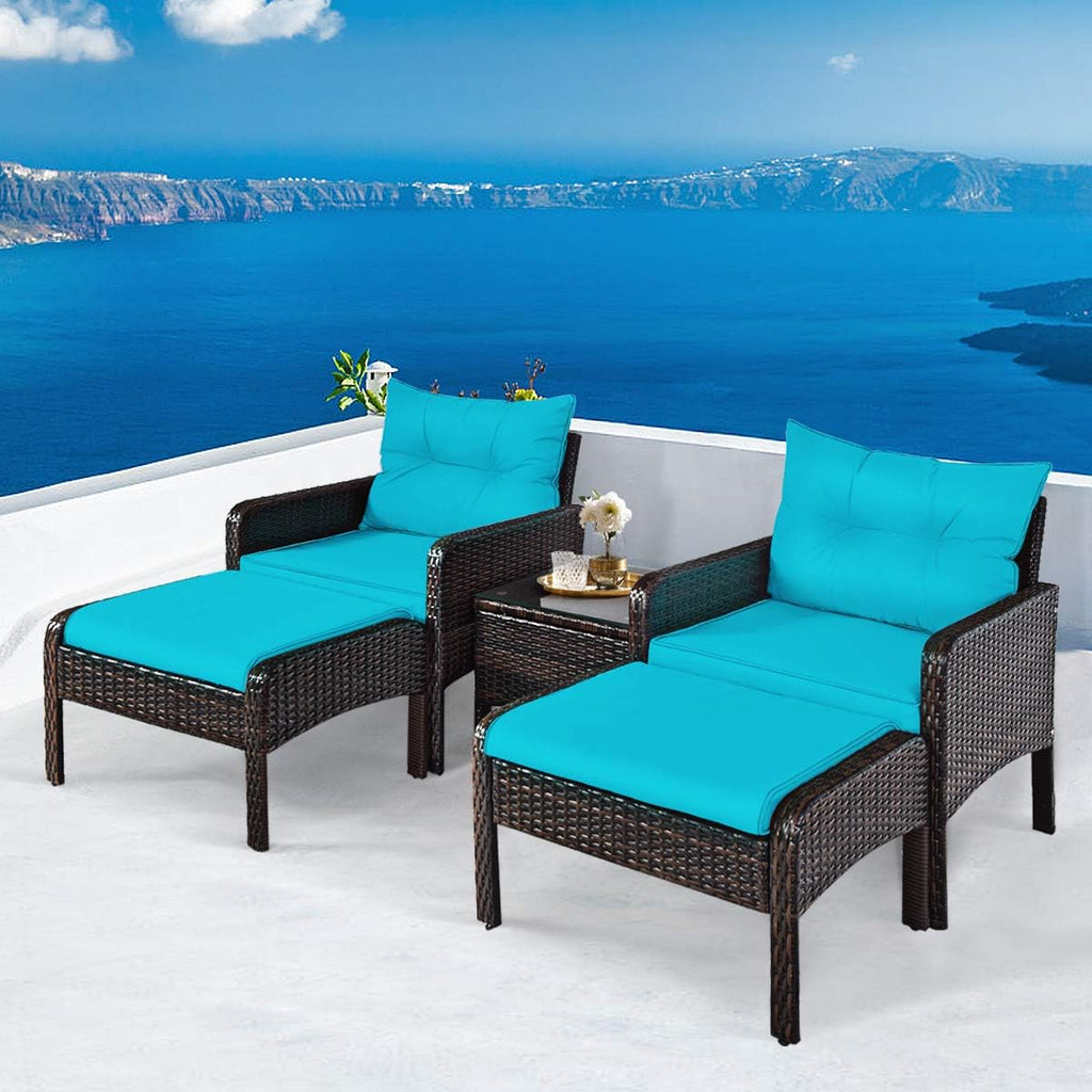 HAPPYGRILL 5-Pieces Patio Furniture Set Outdoor Rattan Wicker Conversation Set with Coffee Table Cushioned Sofas and Ottoman Chat Set for Garden Backyard