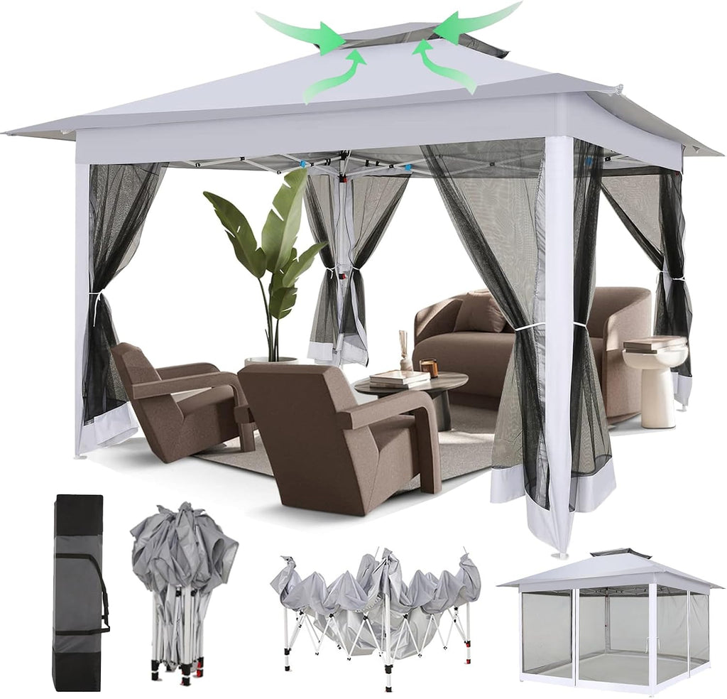 COBIZI 12x12 Pop Up Gazebos On Clearance - Upgrade Easy Up Metal Outdoor Gazebo Waterproof - Portable Gazebo with Mosquito Nettings, 4 Ropes 8 Stakes and Carry Bag for Patio Garden(Light Gray)