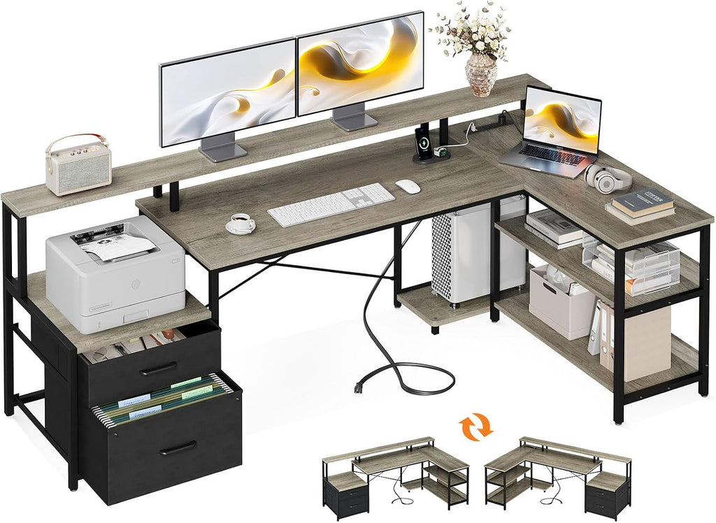 ODK 75' L Shaped Desk with File Drawers, Work from Home Office Desk with Power Outlet, Reversible Computer Desk with Storage Shelves, Gaming Desk with Monitor Shelf, Corner WFM Table, Grey Oak