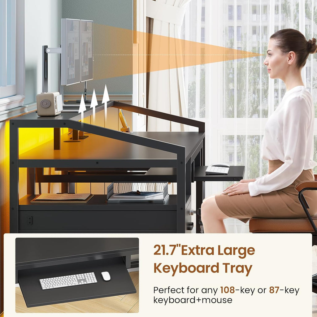 SEDETA 63' Computer Desk, Office Desk with Lockable Drawers for Legal/Letter File, Gaming Desk with LED Lights & Power Outlet, Home Office Desks with Storage, Black