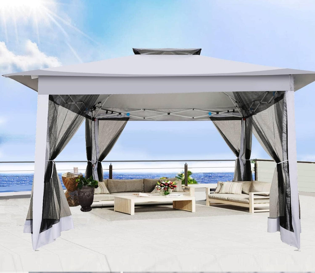 COBIZI 12x12 Pop Up Gazebos On Clearance - Upgrade Easy Up Metal Outdoor Gazebo Waterproof - Portable Gazebo with Mosquito Nettings, 4 Ropes 8 Stakes and Carry Bag for Patio Garden(Light Gray)