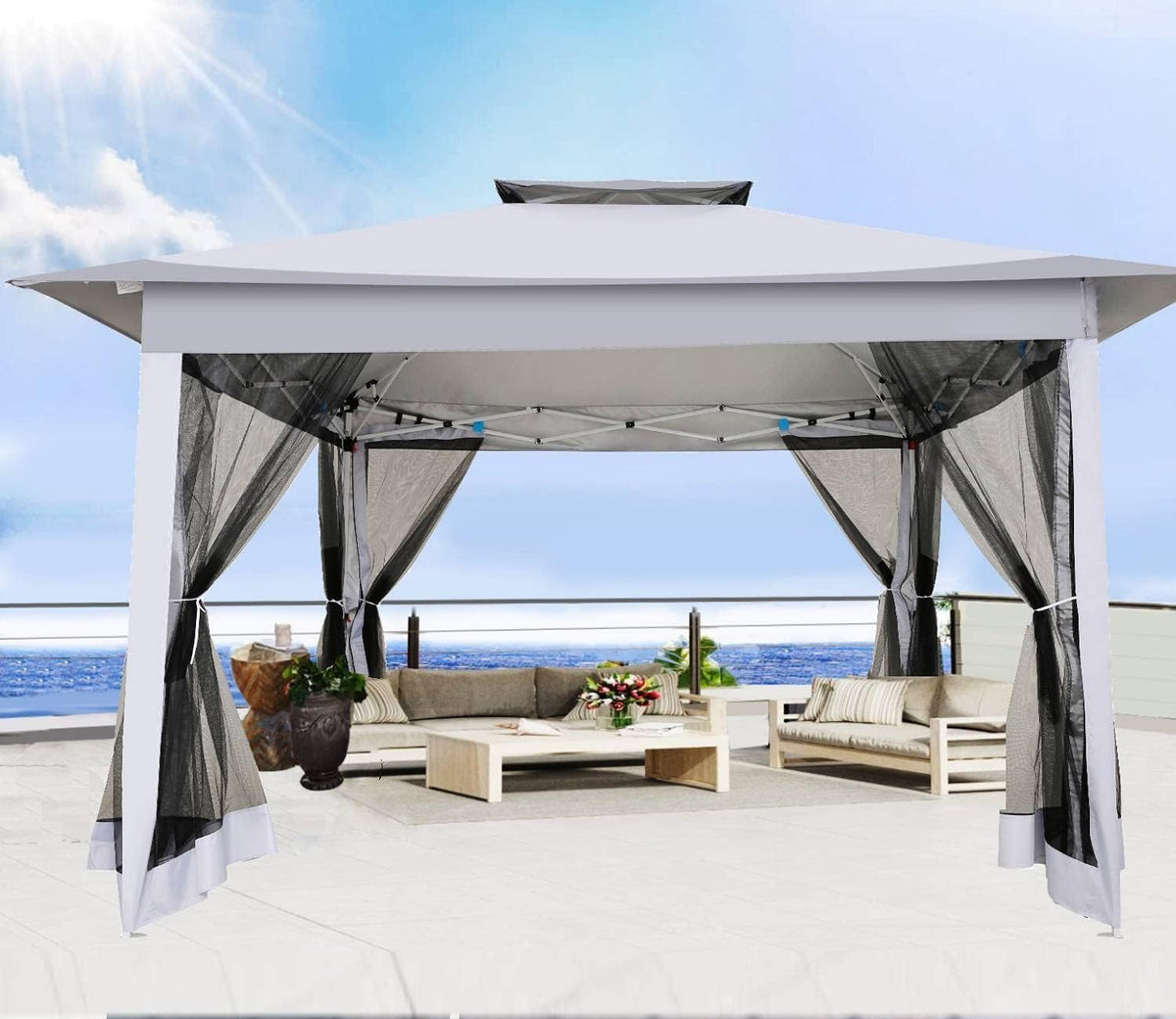 COBIZI 12x12 Pop Up Gazebos On Clearance - Upgrade Easy Up Metal Outdoor Gazebo Waterproof - Portable Gazebo with Mosquito Nettings, 4 Ropes 8 Stakes and Carry Bag for Patio Garden(Light Gray)