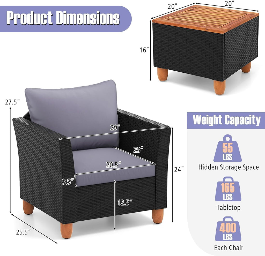 LDAILY Patio 3 Pieces Patio Furniture Set, PE Rattan Outdoor Wicker Sofa Chair with Washable Cushion & Wood Storage Table, Patio Conversation Set for Porch, Yard, Garden (Grey)