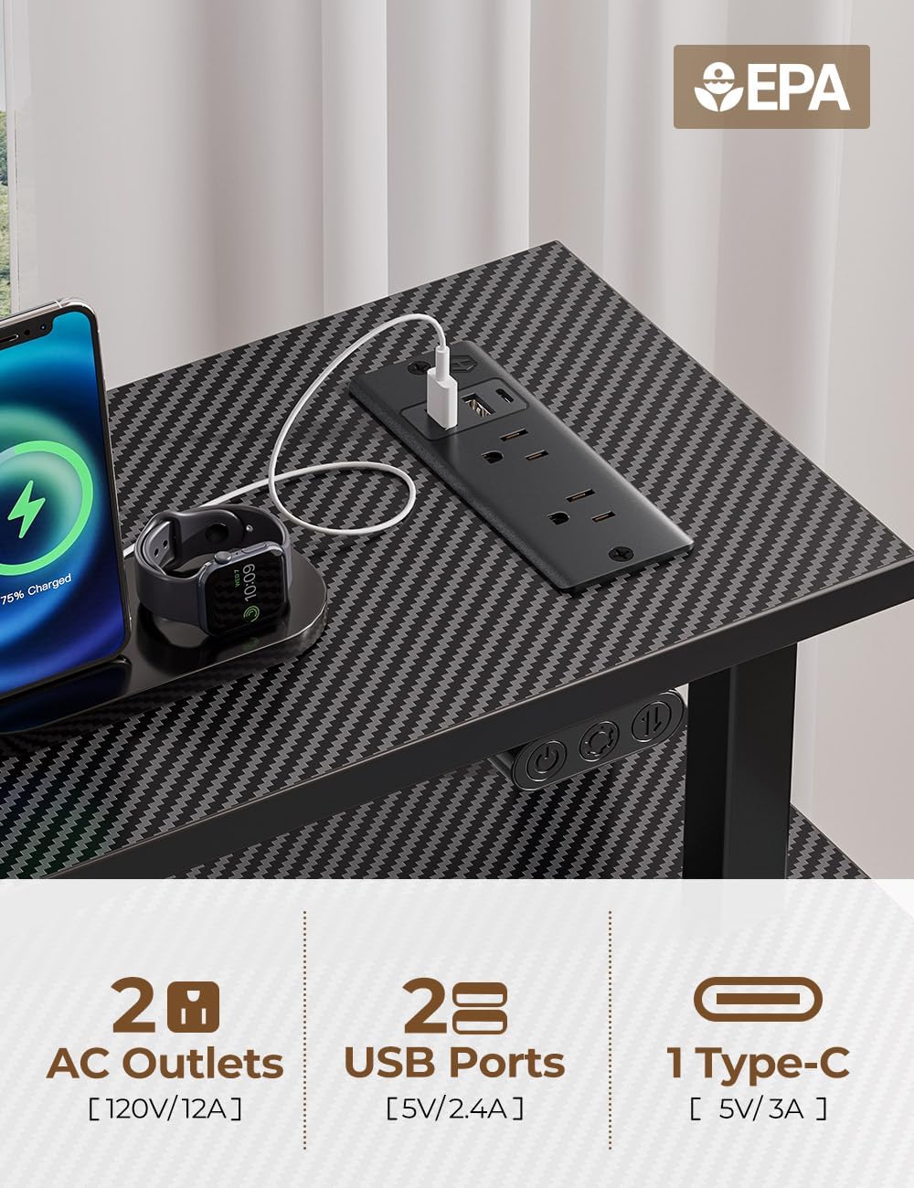 Rolanstar Computer Desk with Power Outlets & LED Light, 55 inch Home Office Desk with 3 Drawers and Storage Shelves, Writing Desk with Monitor Stand, Modern Work Desk for Home Office, Carbon Black