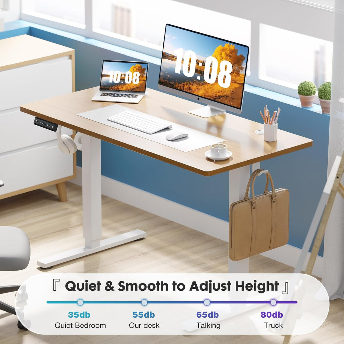 Sweetcrispy Electric Standing Desk Adjustable Height, 55x24 Inch Sit Stand Up Home Office Desks Computer Workstation PC Work Table with 3 Memory Preset Splice Wood Board Metal Frame, Oak