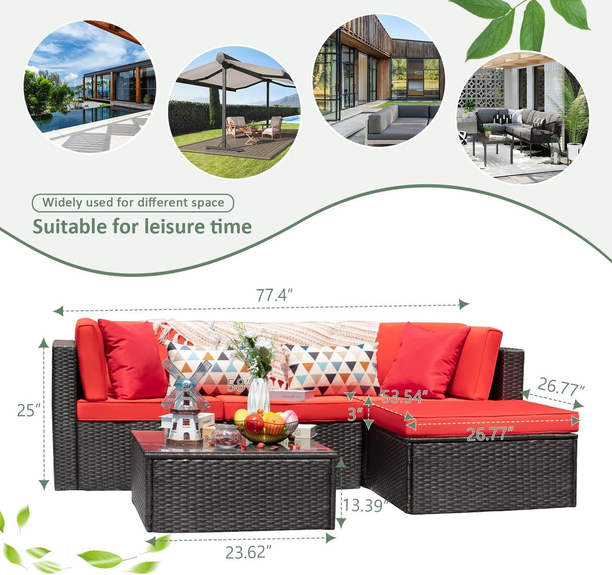 Devoko 5 Pieces Patio Furniture Sets All Weathevr Outdoor Sectional Patio Sofa Manual Weaving Wicker Rattan Patio Seating Sofas with Cushion and Glass Table (Red)