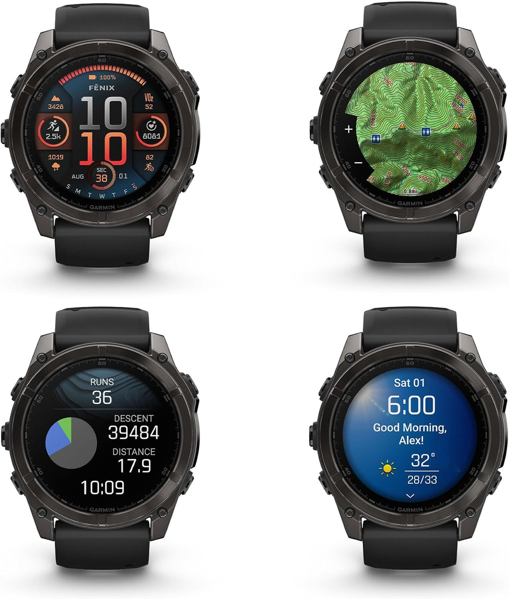Garmin Fenix 8 51MM AMOLED Sapphire Premium Multisport GPS Smartwatch Carbon Gray DLC Titanium with Gray Silicone Band, Built-in LED Flashlight, Fitness & Health Smart Watch Bundle for Men & Women