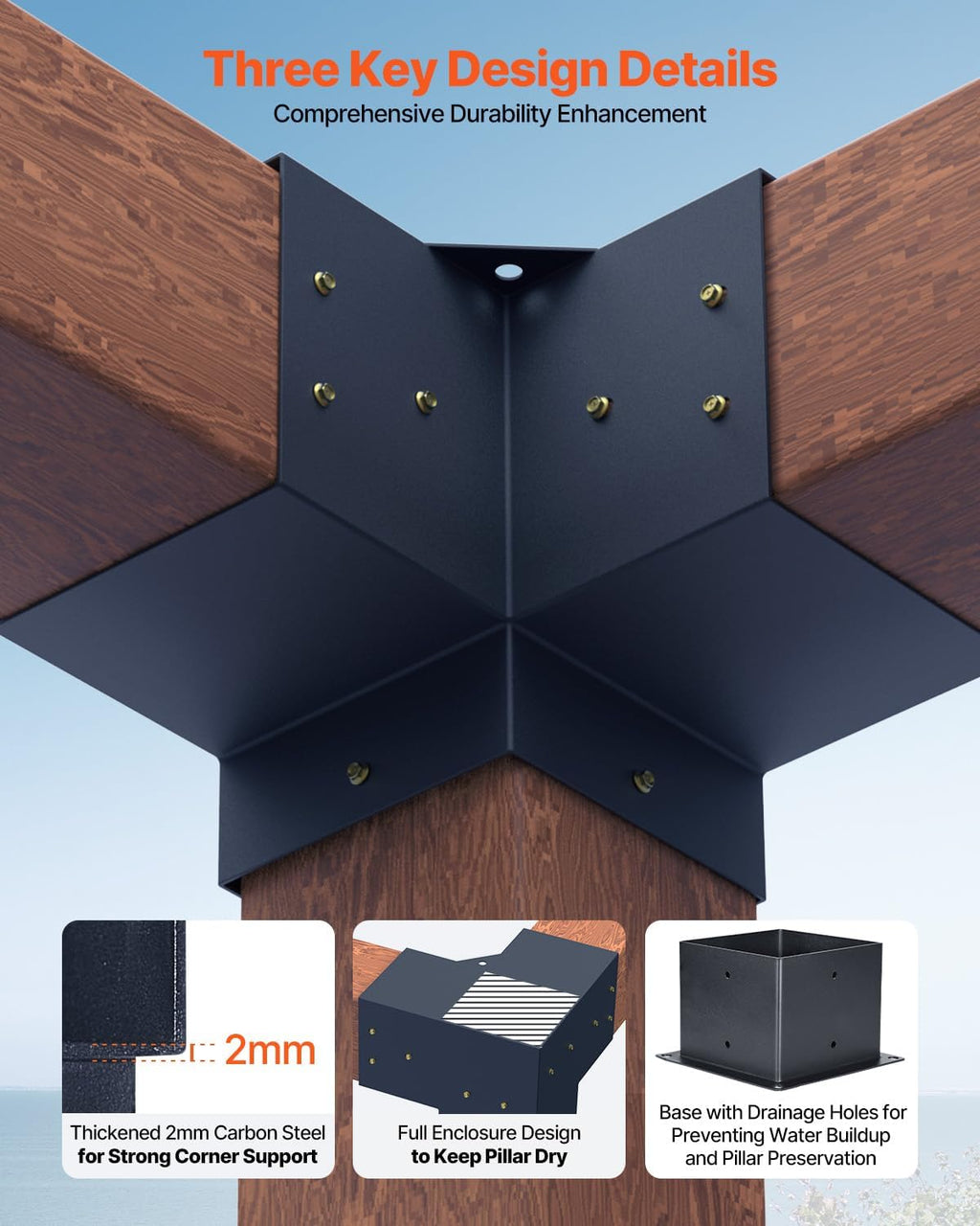 VEVOR Pergola Bracket Kit, 6x6 Inch (Inner Size 5.5x5.5), 4 Pcs 3-Way Heavy Duty Corner Bracket Woodworks DIY Post Base Kit, Easy Installation Wooden Beams for Gazebos, Patio Pergolas, Log Cabin