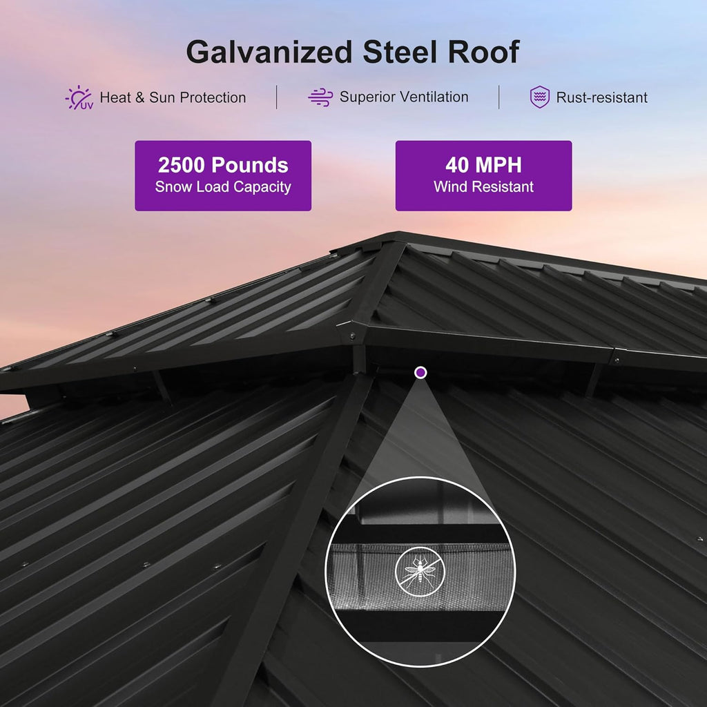 PURPLE LEAF 14' X 28' Outdoor Hardtop Gazebo for Patio Galvanized Steel Double Roof Permanent Canopy Teak Finish Coated Aluminum Frame Pavilion Gazebo with Netting