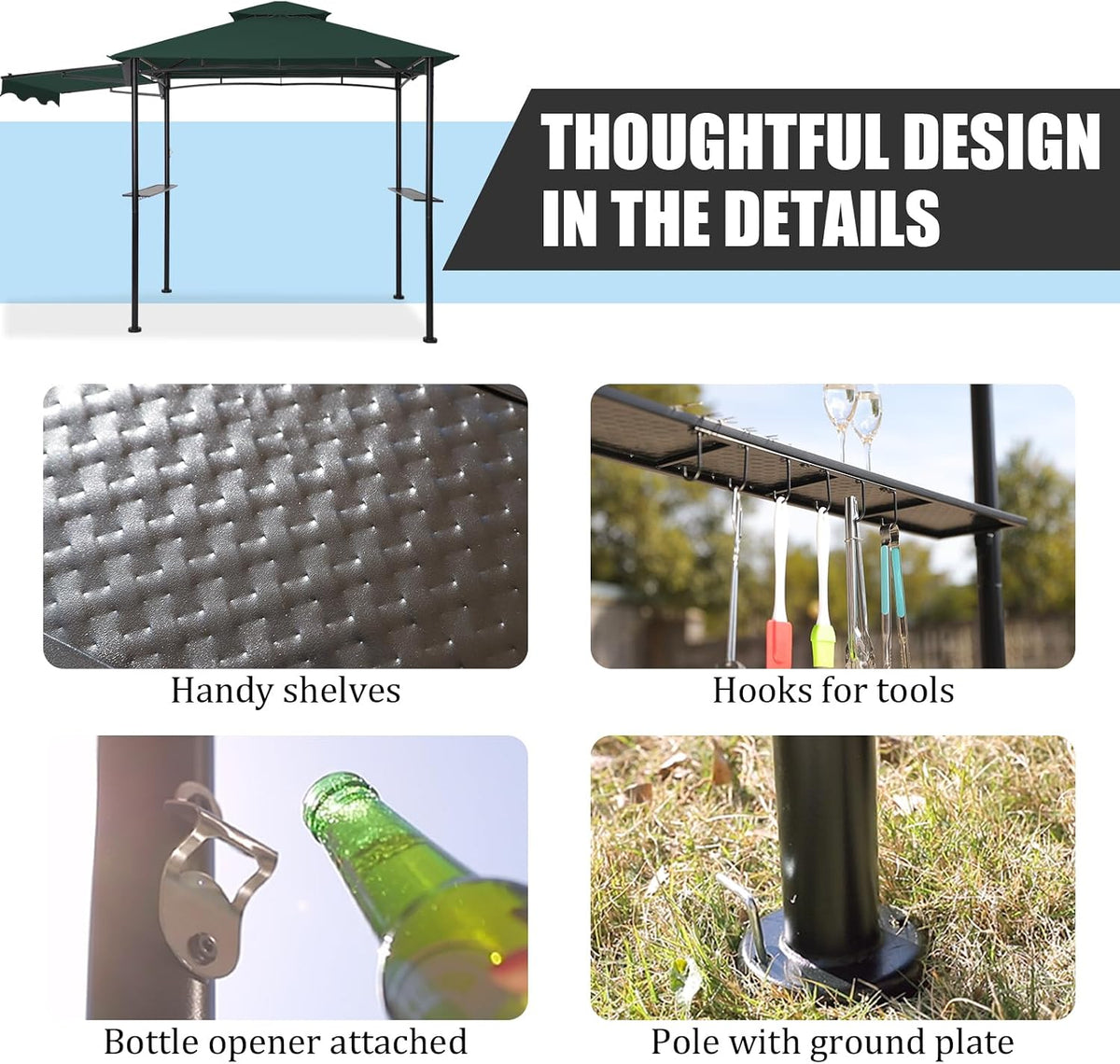 FAB BASED 5x8 Grill Gazebo with Extra Awning, All-Weather Steel Construction, Double Tiered & Resistant Canopy Roof, Metal Serving Shelves, 2 LED, Bottle Opener for Patio, Backyard, BBQ (Green)