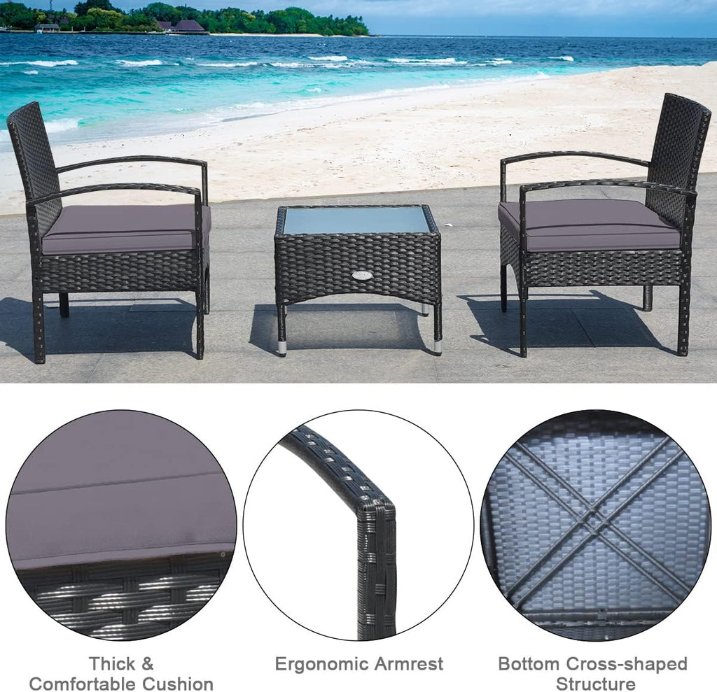 Tangkula 3 Pieces Patio Wicker Rattan Furniture Set, Rattan Chair with Coffee Table, High Load Bearing Chair Conversation Sets for Patio Garden Lawn Backyard Pool