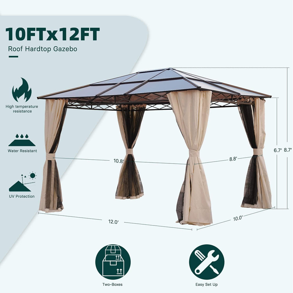Grand patio 10x12 Gazebo, Hardtop Gazebo, Single Roof Pergolas Metal Aluminum Frame UV 50+ Outdoor Canopy with Mosquito Netting and Curtains, Outdoor Shelter for Garden, Lawn, Backyard