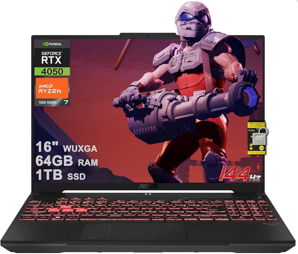 ASUS TUF Gaming A16 Laptop 16' WUXGA 144Hz AMD 6-core Ryzen 7 7445HS 64GB DDR5 1TB SSD GeForce RTX 4050 (Up to 194 AI Tops) RGB Backlit USB4 AI Noise Cancelation Wi-Fi6 Win11 ICP Hub