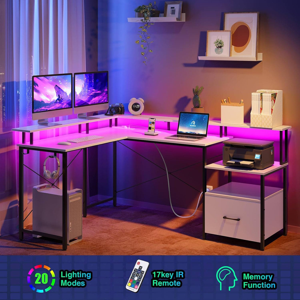 Rolanstar Computer Desk with File Drawer, 64' L Shaped Desk with Power Outlet & LED Strip, L Shaped Computer Corner Desk with File Cabinet, Gaming Desk with Monitor Shelf, Home Office Desk, White