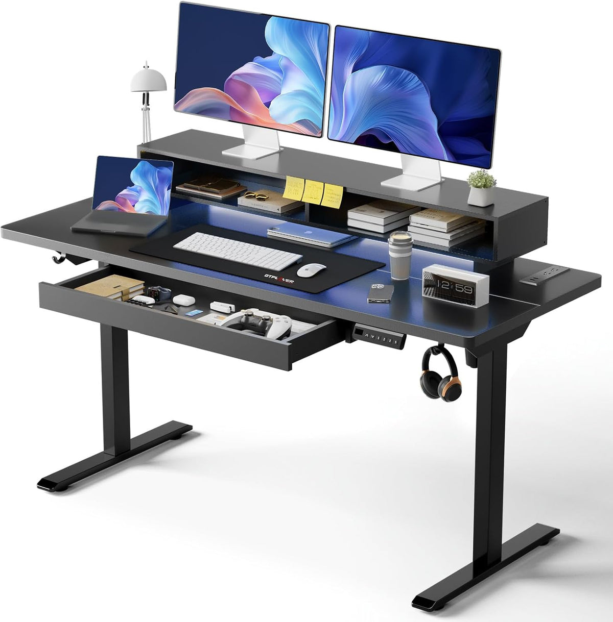 GTPLAYER Electric Standing Desk with Drawers, 55 x 24 Inch Height Adjustable Gaming Desk with Monitor Stand, Power Outlets & LED Lights, Home Office Sit Stand Up Desk with Memory Preset (Ebony Black)