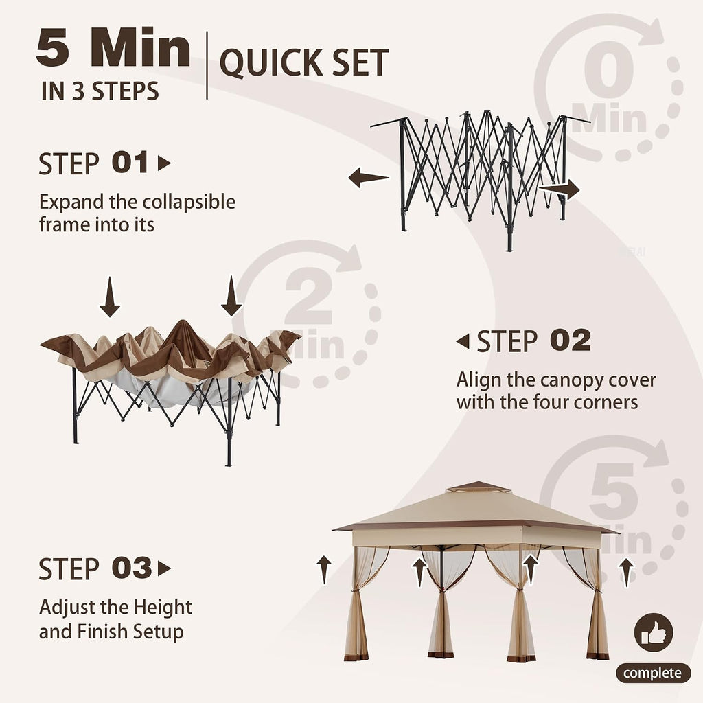 Bezseller 11x11 Pop Up Gazebo with Mosquito Netting – Easy 1-Person Setup, Water-Resistant Backyard Canopy for Family Patio & Garden Use,Khaki